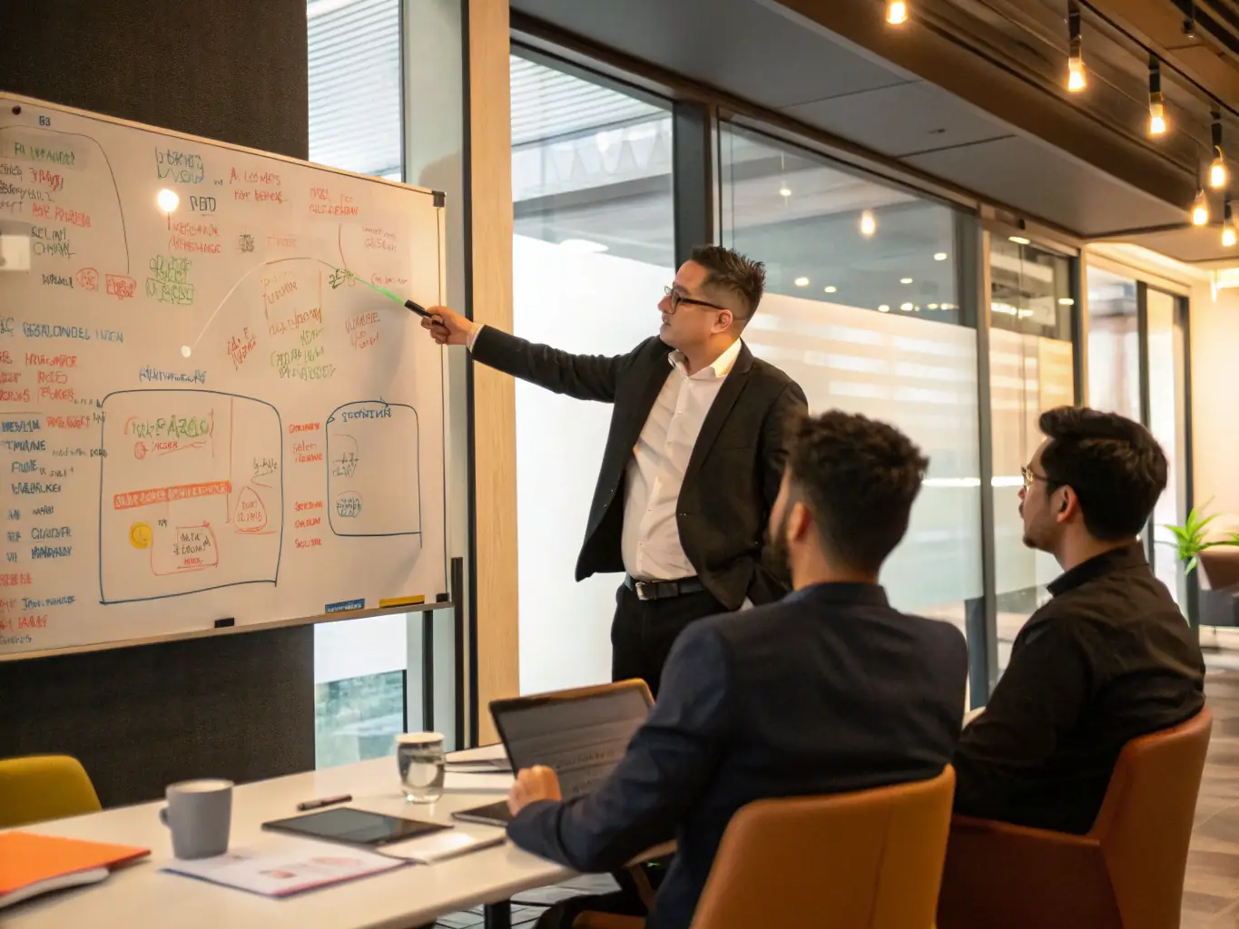 A professional in a business suit confidently presenting data on a screen during a training session, showcasing data analysis skills.