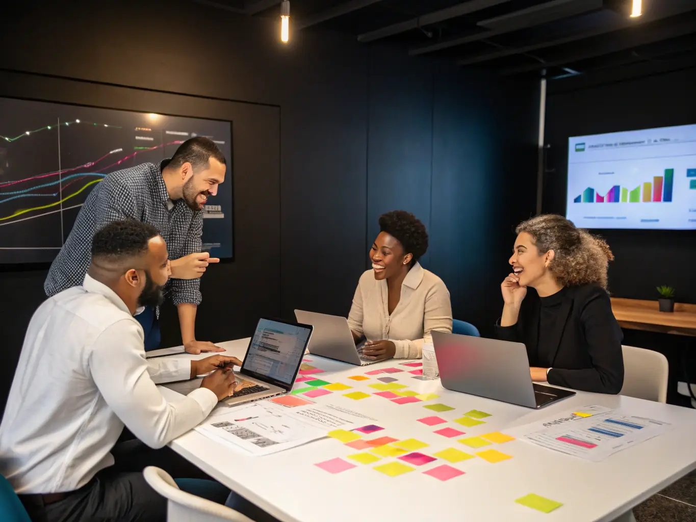 A group of diverse professionals actively participating in a soft skills training workshop, focusing on communication and teamwork.