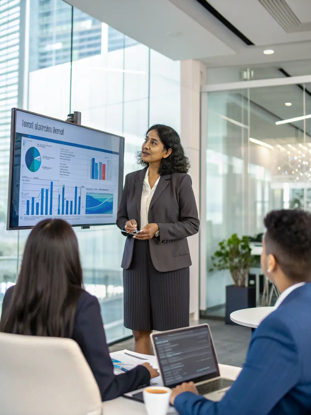 A professional Indian business woman confidently presenting data insights on a digital display during a volbox.site training session, emphasizing data-driven decision-making.