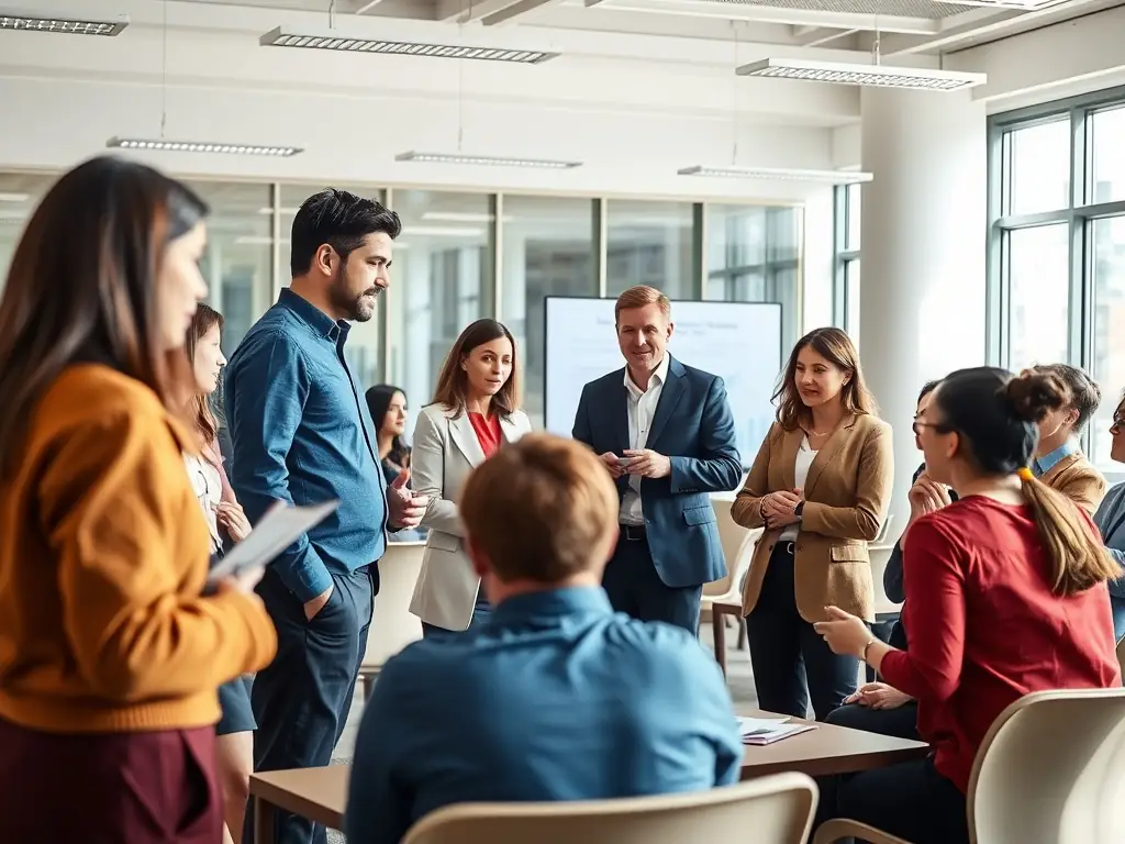 A professional in a business suit is participating in a workshop, actively engaging with the trainer and other participants, set in a modern training room with interactive displays.