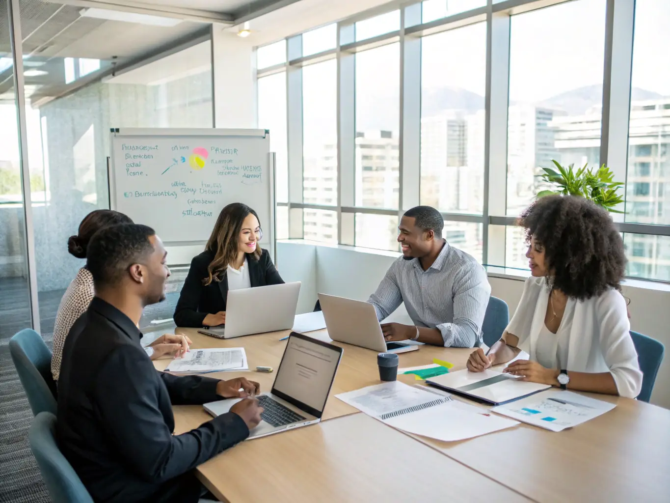 A diverse group of professionals is collaborating on a project during a soft skills training session, emphasizing teamwork and communication.